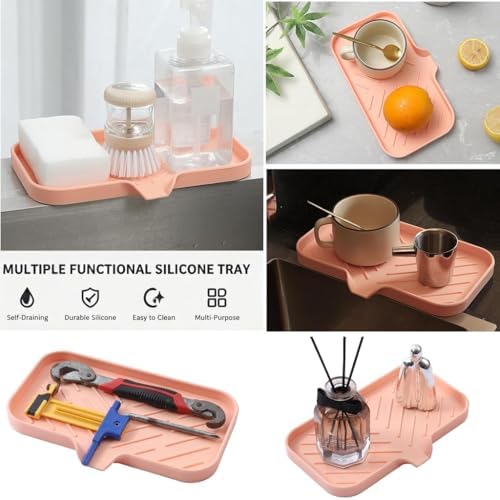 MicoYang Silicone Soap Dish with Drain Spout — Self-Draining Sink Organizer Tray for Bathroom & Kitchen, Sponges, Dispensers & Soap Holder, Non-Slip & Dishwasher Safe, Pink (Medium, 9.6"×5.3") - Image 5