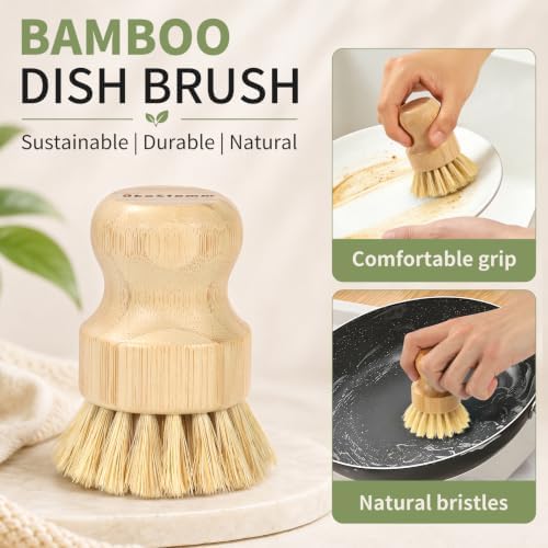 9PCS Bamboo Dish Brush Set with Bottle Brush and Straw Brushes - Image 5