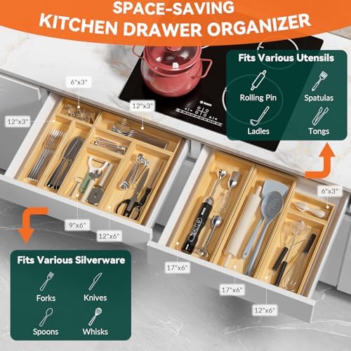Lixple Bamboo Kitchen Drawer Organizer, 2 Pack, 17" x 6" x 2" - Image 4