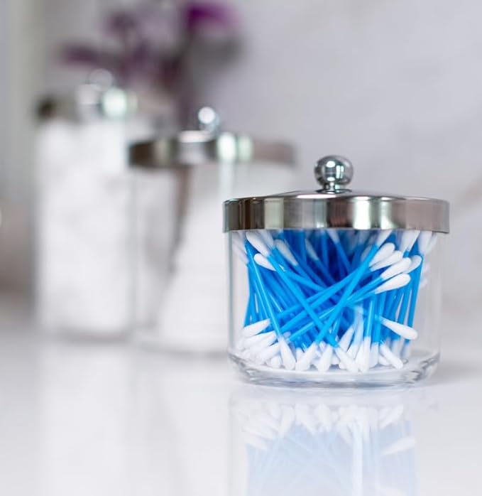 Huang Acrylic Chrome Lid Clear Cosmetic Container | Store Q-Tips, Cottonballs, Cotton Rounds | Perfect Counter Top or Shelf Storage | Small
