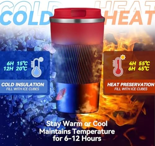 17OZ Travel Coffee Mug Insulated Coffee Cup with Spill Leak Proof Lid, Portable Stainless Steel Tumbler Reusable Hot and Cold Water Mug for Car, Daily, Camping- Red - Image 7