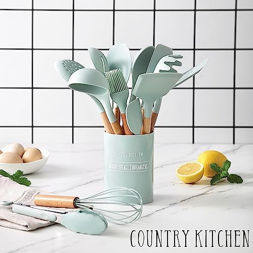 Country Kitchen Non Stick Silicone Utensil Set with Rounded Wood Handles for Cooking and Baking, 14 Piece Set, Mint - Image 6