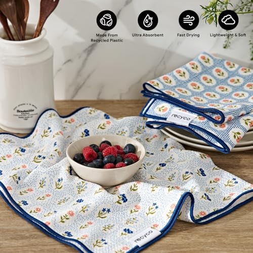 RECYCO Waffle Kitchen Towel Set of 2 - Quick Dry Microfiber Sustainable Dish Towels - Ultra Absorbent Reusable Cleaning Tea Towels - Lightweight Hand Towels,16”x 28”, Bloom Tiles - Image 3