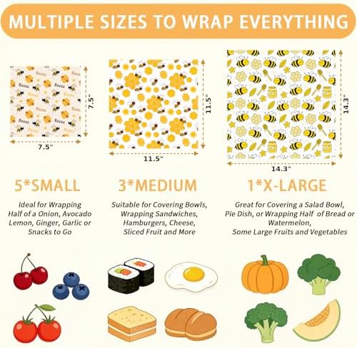 Reusable Bee & Honeycomb Beeswax Wraps, 9 Pcs For Sandwich, Bread, Fruit, Bowl, Organic, Sustainable, Zero Waste, Plastic-Free, Eco-Friendly Food Storage, 1XL, 3M, 5S - Image 2