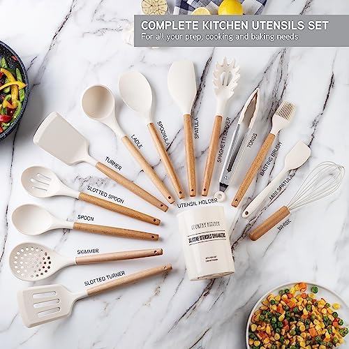 Country Kitchen Non Stick Silicone Utensil Set with Rounded Wood Handles for Cooking and Baking, 14 Piece Set, Khaki - Image 2