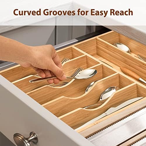 Umilife Bamboo Kitchen Drawer Organizer, 13 Inch Silverware Utensil Tray Holder, Extra Deep Grooved Drawer Divider, 7 Slots Total Bamboo Wood Caddy for Flatware Cutlery Knives, Forks, Spoons - Image 6