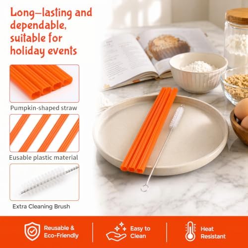 JANYUN 30 Pcs Reusable Pumpkin Straws with Cleaning Brush - Image 3
