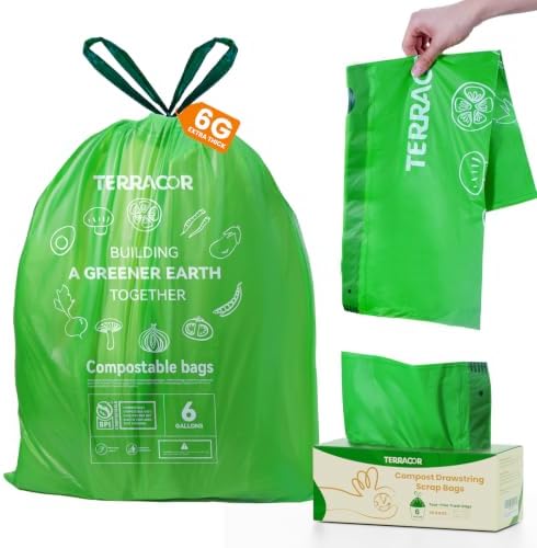 6 Gallon Compostable Trash Bags Drawstring, Heavy Duty Extra Thick 1 Mil, 35 Bags, Tall Kitchen Food Scrap Waste Bag, ASTM D6400 by TerracorPackaging