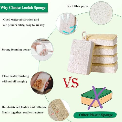 Natural Loofah Kitchen Sponges, 8 Pack Eco Compostable Cellulose Dish Washing Scrubbers, Non-Scratch Plastic-Free Cleaning Sponge Pads for Dishes, Pans, Sink, Cookware & Bathroom - Image 3