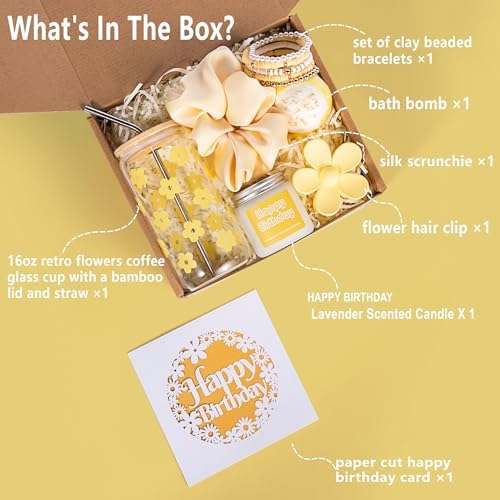 JTEWB Birthday Gifts For Women, Teen Girl, Her, Happy Birthday Gift Box For Girl, Women, Sister, Daughter, Friends, Cute Daisy Aesthetic Glass Cups Gift Set 7pcs (Yellow) - Image 2