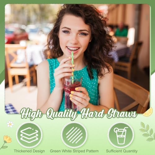 Honeydak 50 Pcs Reusable Plastic Straws Bulk,Green and Whote Stripe - Image 3