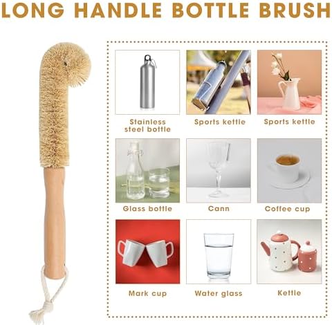 2PCS Coconut Brush Fiber Bottle Wooden Cleaning Brush, Scrub Head for Deep Pan Cleaning Washing, Sturdy Eco-Friendly with Natural Wood Handle Holder, Bristle Scrubber Set for Kitchen Dishes Vegetable - Image 3