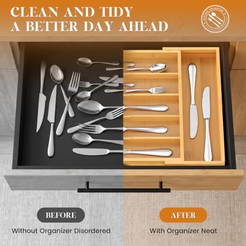 Bamboo Silverware Organizer, Expandable Bamboo Kitchen Drawer Cutlery Organizer, 18.5"x13.3" Flatware Organizer Tray, Utensil Holder - Image 4