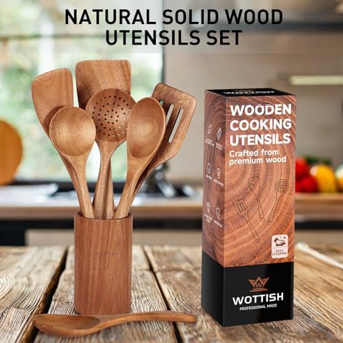 Wooden Spoons for Cooking - 8-Piece Wooden Kitchen Utensil Set made of Natural Solid Wood Material-Includes Spoons,Spatulas,Ladles,Mixing Spoon and Utensil Holder,Holiday Gifts(A08) - Image 4