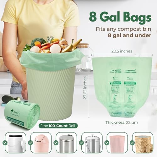 AIRNEX Compostable Kitchen Trash Bags 8 Gal - Cornstrarch Leakproof & Tear Resistant 50 Compost Bags - OK Compost Home & Seedling Certified 0.22 mm Kitchen Garbage Bags - Image 2