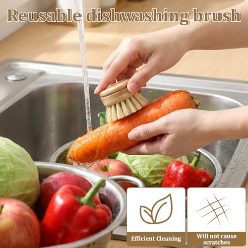 8 Pcs Bamboo Dish Brush with Handle, Natural Sisal Bristle Scrubber Includes 7 Replacement Brush Heads Wooden Kitchen Dish Brushes for Pots, Pans, Bowls, Dishes Cleaning - Image 6