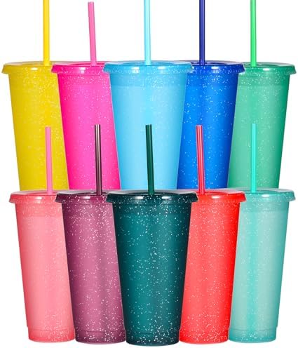 Suertestarry Tumbler with Straw and Lid,Water Bottle Iced Coffee Travel Mug Cup,Reusable Plastic Cups,Perfect for Parties,Birthdays,24oz-10 Pack (10 Pack Glitter, 10 pack) by Suertestarry