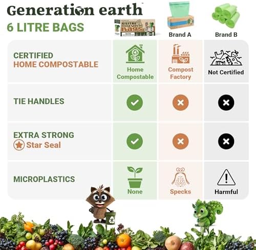 120 Bags 1.6 Gallon (6L) | Tie Handle Compostable Food Waste Bags | BPI Certified Kitchen Countertop Compost Bin Liners | Extra Strong Biodegradable Caddy Bags | Generation earth - Image 2