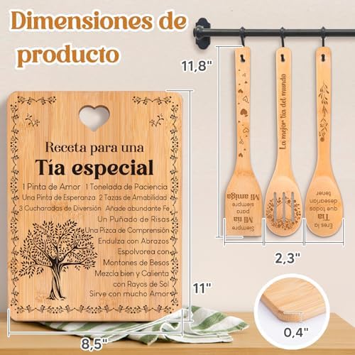 Regalos de cumpleaños para Tía - "Receta para una Tía especial". Juego de tablas de cortar y utensilios de bambú grabados. Regalos de cumpleaños para Tía. Spanish Aunt Cutting Board - Image 5