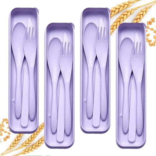 4‑Pack Travel Wheat Straw Utensils, BPA Free Fork Spoon Knife Storage Case by Unknown