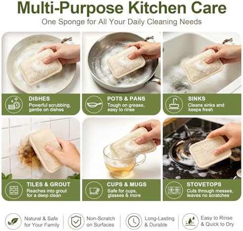 Natural Loofah Dish Scrubber Sponges, 6 Pack Large Plant-Based Kitchen Cleaning Pads, Compostable Non-Scratch Scouring Sponge for Dishes, Sink, Grout and Tile, 4.4 x 2.8 in - Image 4