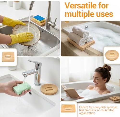 3PCS Bamboo Soap Holder Wooden Soap Dishes for Bathroom, Natural Soaps Dish Self-Draining Bar Soaps Holder Set (Round, Square, Rectangle) for Shower, Sink, Bathtub, and Home Accessories - Image 5
