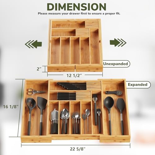 BAMEOS Bamboo Drawer Organizer Expandable Kitchen Silverware Organizer with 7-9 Deep Compartments, Bamboo Reinforced Cutlery Tray, Adjustable Utensil Holder for Kitchen(16.1"-22.4" Wide, Natural) - Image 4