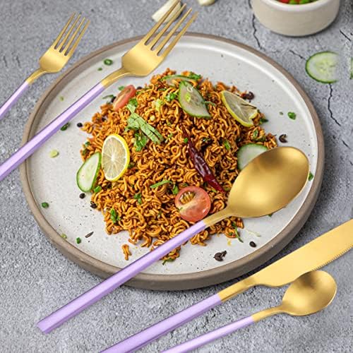 AARainbow 8 Pieces Stainless Steel Flatware Set Portable Reusable Cutlery Set Travel Utensils Set Including Chopsticks Knife Fork Spoon Straws Cleaning Brush Dishwasher Safe (B-Purple Golden) - Image 7