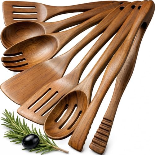 Zulay Kitchen Teak Wood Utensil Set – 7 Piece Wooden Cooking Utensils – Slotted Spoon, Bowl Scraper, Solid & Slotted Turner, Salad Spoon, Fork & Tongs – Durable, Nonstick Safe & Smooth Finish by ZulayKitchen