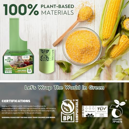 Compostable Trash Bags 1.2-1.6 Gallon Handle Tie 50 Count 0.6 Mil 6.06 Liter Small Compost Bags for Countertop Bin Biodegradable Bags Green for Kitchen ASTM D6400 & BPI Certified, OK Compost Home - Image 4