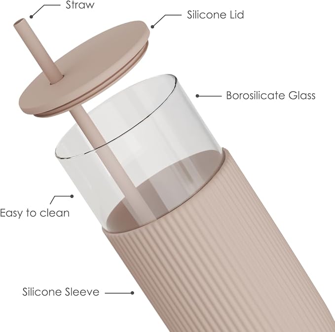 SANDJEST Glass Tumbler with Straw and Lid, Glass Water Bottle with Silicone Sleeve 20oz, Smoothie, Iced Coffee Cup, Gifts for Women Teen Girls Birthday Christmas (Light Brown)