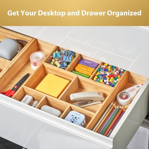 Umilife Extra Large Bamboo Desk Drawer Organizer, Wood Junk Organizer Tray with Adjustable Dividers, Anti-Skip Storage Organization in Office Bathroom Drawer for Vanity, Makeup, 17" x 12" - Image 3