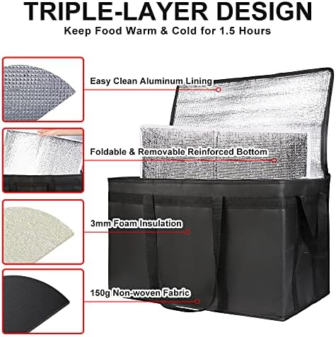 2-Pack Insulated Food Delivery Bag with Hard Bottom, 3X-Large, Black - Image 4