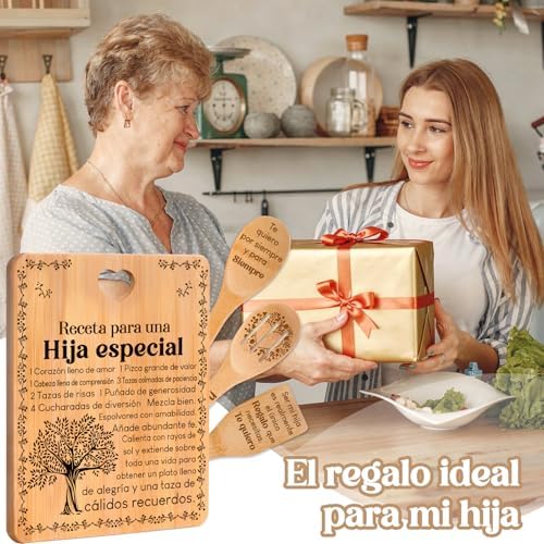 Regalos de cumpleaños para Hija - "Receta para una Hija especial". Juego de tablas de cortar y utensilios de bambú grabados. Regalos de cumpleaños para Hija. Spanish Daughter Cutting Board - Image 2