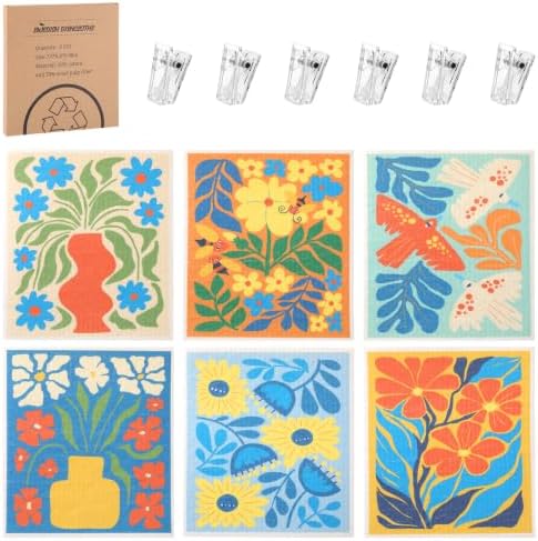 6 Pack Swedish Dishcloths for Kitchen,Abstract Floral Dish Towels with Clip by Needbrock