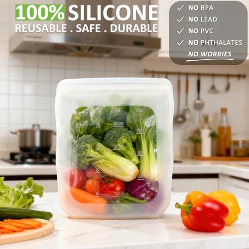100% Silicone Gallon Storage Bags, Extra Large Reusable 1 Gallon Silicone Storage Bags Stand-Up Zip-Lock Leakproof for Bulk Food & Large Portions, Freezer Microwave Sous Vide Dishwasher Safe, 4 Pack - Image 2