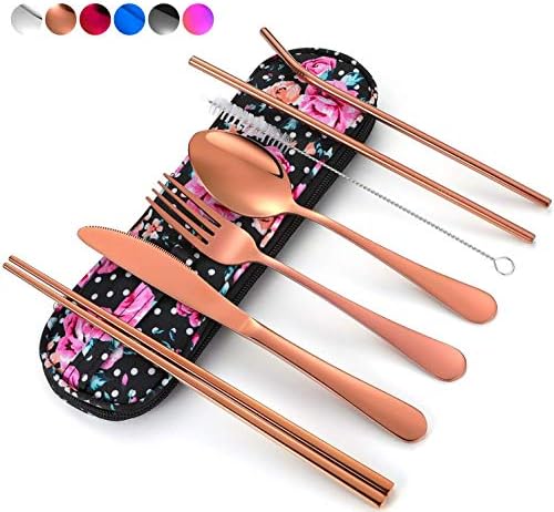 Travel Utensils,Reusable Silverware Set To Go Portable Cutlery Set with a Waterproof Carrying Case for Lunch Boxes Workplace Camping Picnic (Rosegold) by Topbooc
