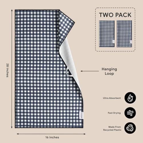 RECYCO Waffle Kitchen Towel Set of 2 - Quick Dry Microfiber Sustainable Dish Towels - Ultra Absorbent Reusable Cleaning Tea Towels - Lightweight Hand Towels,16”x 28”, Navy Blue Plaid - Image 6