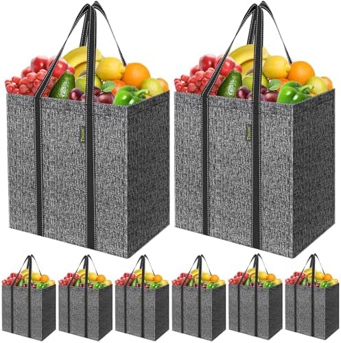 BALEINE 8 PK Grocery Bags Reusable Shopping Bags with Reinforced Bottom, Heavy Duty Foldable Tote Bags (Grey) by BALEINE