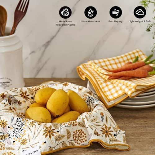 RECYCO Waffle Kitchen Towel Set of 2 - Quick Dry Microfiber Sustainable Dish Towels - Ultra Absorbent Reusable Cleaning Tea Towels - Lightweight Hand Towels,16”x 28”, Joyful Bees - Image 3