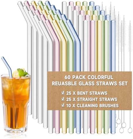 60 Pack Reusable Glass Straws, 8” x 8 mm Colorful Glass Straws by Unknown