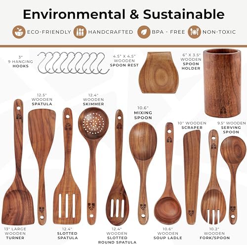 Wooden Spoons for Cooking, 12 Pcs Teak Utensil Set with Holder & Hooks - Image 4