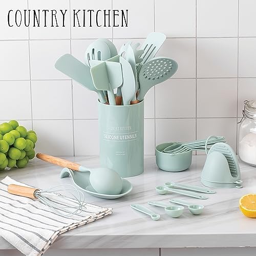 Country Kitchen Non Stick Silicone Utensil Set with Rounded Wood Handles for Cooking and Baking, 38 Piece Set, Mint - Image 5