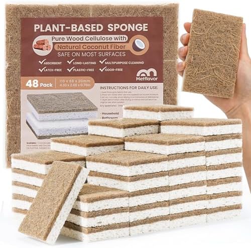 Metflavor Kitchen Sponges, 48 Count, Natural Sponge with Coconut Scrubber by Metflavor