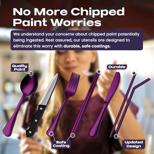 Taplord Portable Travel Silverware Set With Case, Includes 10 Pcs of Travel Utensils With Case, Stainless Steel Flatware Set For Camping, Lightweight (Purple) - Image 3