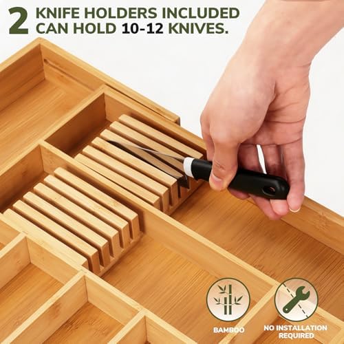 BAMEOS Bamboo Drawer Organizer Expandable Kitchen Silverware Organizer with 7-9 Deep Compartments, Bamboo Reinforced Cutlery Tray, Adjustable Utensil Holder for Kitchen(16.1"-22.4" Wide, Natural) - Image 7