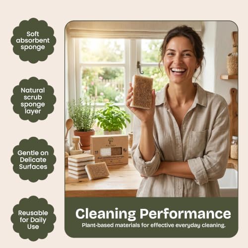 Kitchen Sponges 10 Pack - Natural Cellulose Sponge with Coconut Scrubber - Plant Based Sponges - Biodegradable Kitchen Sponge - Non-Scratch Sponges for Dishes - Eco Friendly Kitchen Sponges - Image 4