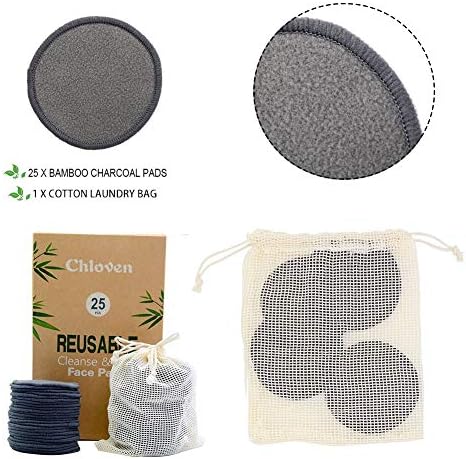 Chloven 25 Pack Charcoal Bamboo Reusable Makeup Remover Pads - Image 2