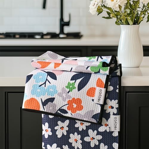 RECYCO Waffle Kitchen Towel Set of 2 - Quick Dry Microfiber Sustainable Dish Towels - Ultra Absorbent Reusable Cleaning Tea Towels - Lightweight Hand Towels,16”x 28”, Whimsy Petals by RECYCOHOMECOLLECTION