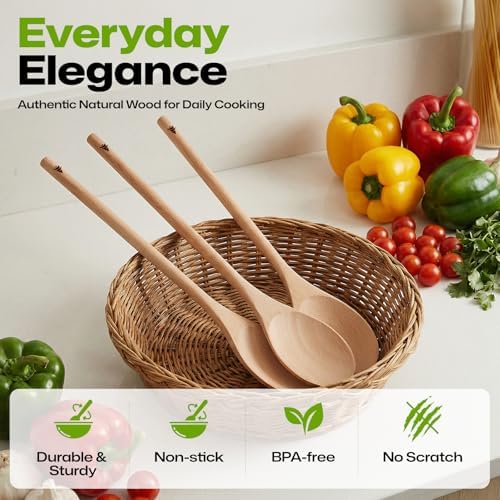 AIUHI Wooden Spoons for Cooking, 3Pcs 12 Inch Wooden Cooking Oval Spoon, Long Handle Beech Wood Serving Spoon for Mixing, Stirring and Eating - Image 7